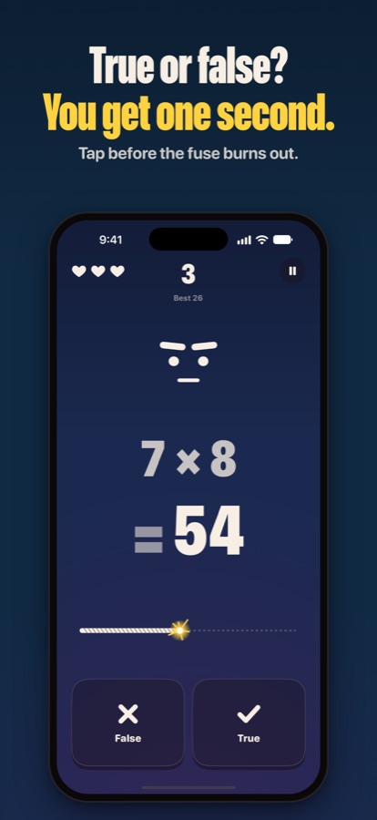 A run in progress: the sum 7 times 8 equals 54, three hearts, a lit fuse about half burnt and two keys, False and True